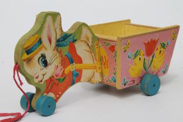 catalog photo of vintage Fisher Price pull toy, print paper wood Easter bunny rabbit flower cart