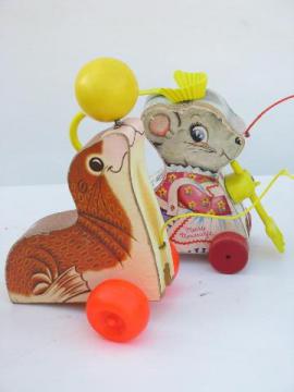 catalog photo of vintage Fisher-Price wood pull toys, Suzy Seal & Merry Mousewife