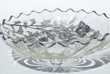 catalog photo of vintage Flanders poppy silver deposit glass bowl, large three footed bowl w/ floral overlay