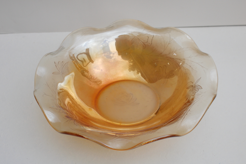 photo of vintage Floragold Jeannette glass, large ruffled bowl w/ iridescent peach luster color #1