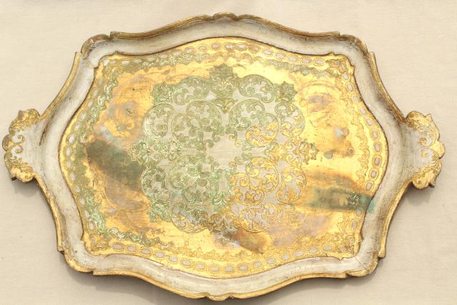 photo of vintage Florentine gilt wood serving tray, ornate carved tray w/ hand painted gold  #1