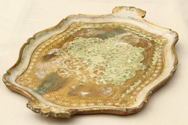 photo of vintage Florentine gilt wood serving tray, ornate carved tray w/ hand painted gold  #2