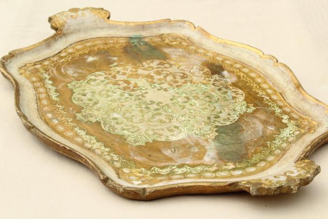 photo of vintage Florentine gilt wood serving tray, ornate carved tray w/ hand painted gold  #3