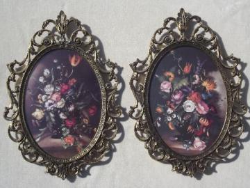 catalog photo of vintage Florentine gold framed prints w/ ornate Italian metal picture frames