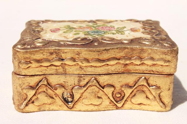 photo of vintage Florentine gold gilt wood jewelry box, old paper label Florentia Italy #4