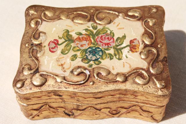 photo of vintage Florentine gold gilt wood jewelry box, old paper label Florentia Italy #5