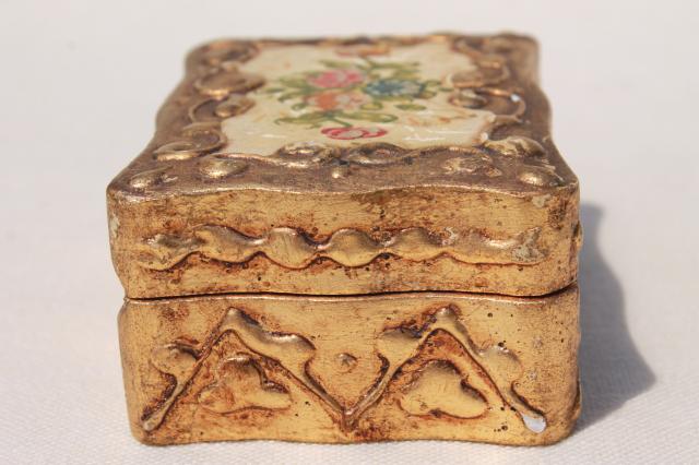 photo of vintage Florentine gold gilt wood jewelry box, old paper label Florentia Italy #6