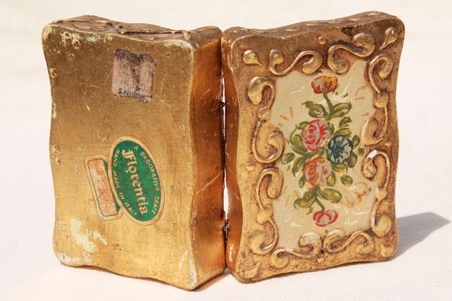 photo of vintage Florentine gold gilt wood jewelry box, old paper label Florentia Italy #9