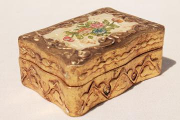 catalog photo of vintage Florentine gold gilt wood jewelry box, old paper label Florentia Italy