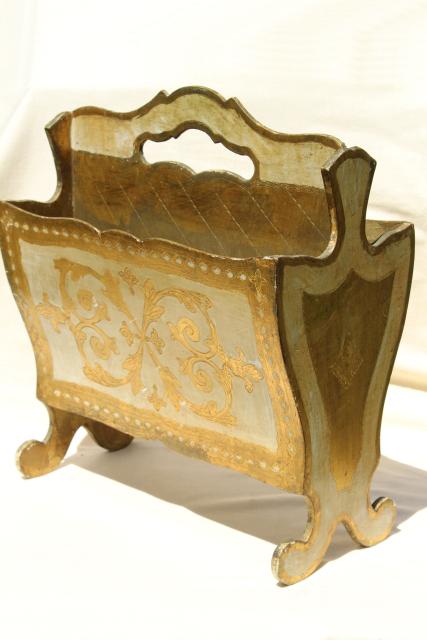 photo of vintage Florentine gold & white wood magazine rack, sheet music holder or newspaper stand #1