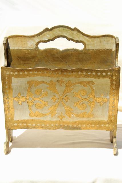 photo of vintage Florentine gold & white wood magazine rack, sheet music holder or newspaper stand #3