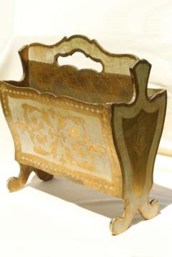 catalog photo of vintage Florentine gold & white wood magazine rack, sheet music holder or newspaper stand