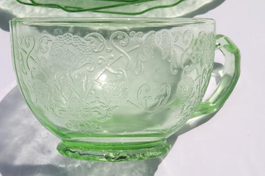 photo of vintage Florentine green depression glass dishes, plates, cups & saucers for 4 #2