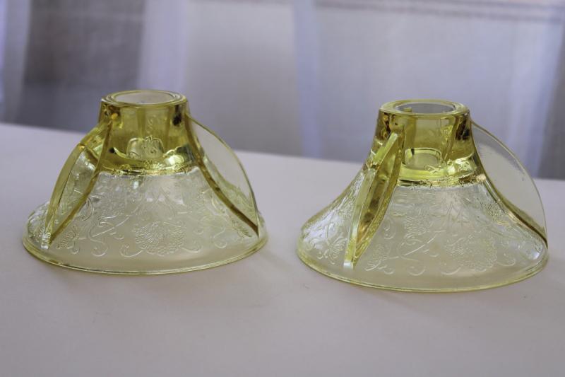 photo of vintage Florentine poppy Hazel Atlas yellow depression glass candle holders pair #2