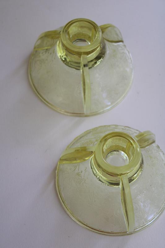 photo of vintage Florentine poppy Hazel Atlas yellow depression glass candle holders pair #3