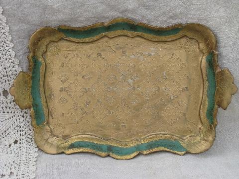 photo of vintage Florentine style Italian gold wood tray, green w/ antique gilt #1