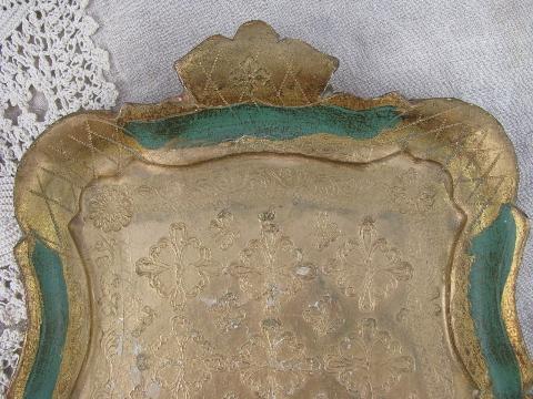 photo of vintage Florentine style Italian gold wood tray, green w/ antique gilt #3