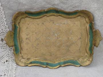 catalog photo of vintage Florentine style Italian gold wood tray, green w/ antique gilt