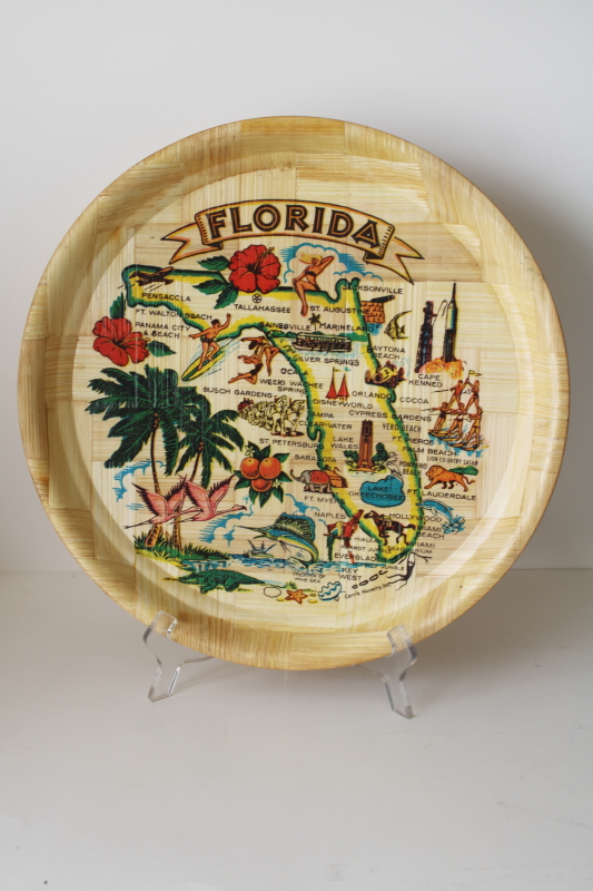 photo of vintage Florida map souvenir tray, round woven bamboo serving tray w/ state landmarks print  #1