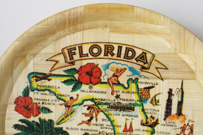 photo of vintage Florida map souvenir tray, round woven bamboo serving tray w/ state landmarks print #2