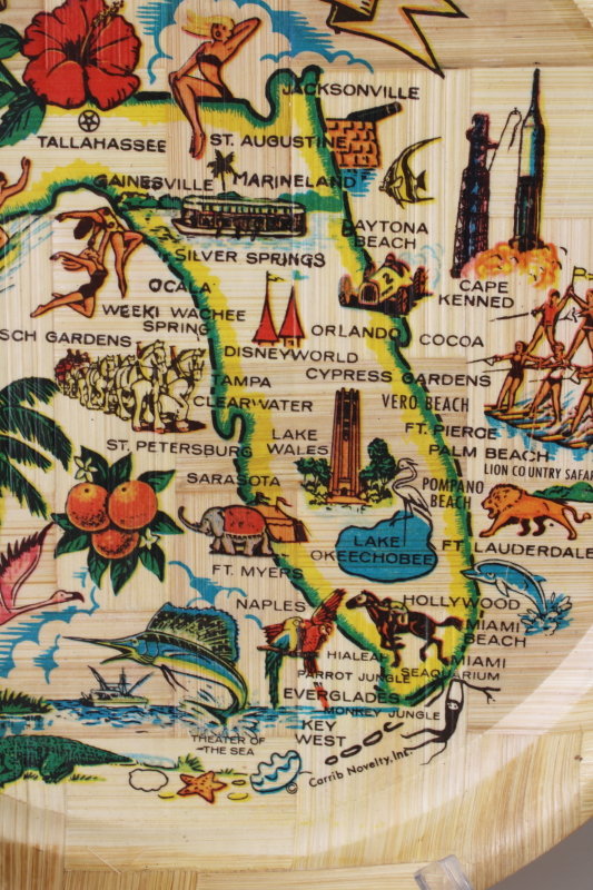 photo of vintage Florida map souvenir tray, round woven bamboo serving tray w/ state landmarks print #3