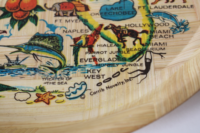 photo of vintage Florida map souvenir tray, round woven bamboo serving tray w/ state landmarks print #4