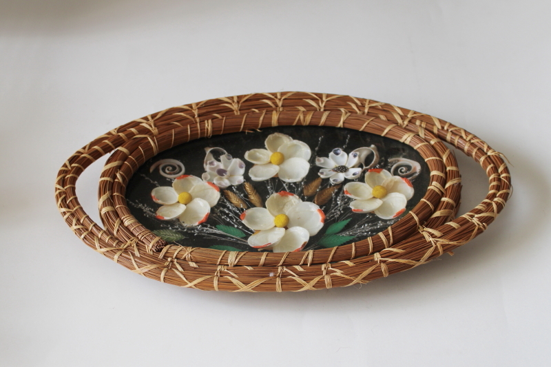 photo of vintage Florida souvenir, Seminole pine needle basket woven tray w/ sea shell art #1