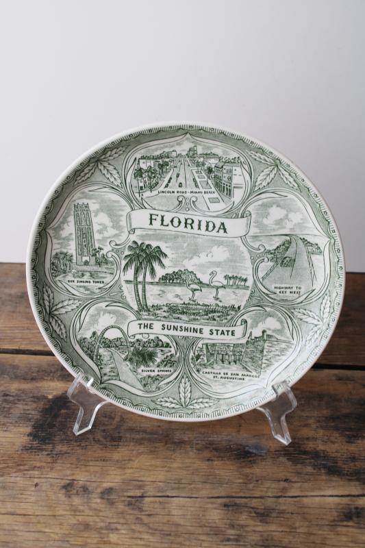 photo of vintage Florida souvenir plate green & white print map, tourist vacation spots #1