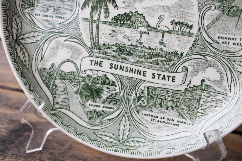 photo of vintage Florida souvenir plate green & white print map, tourist vacation spots #2