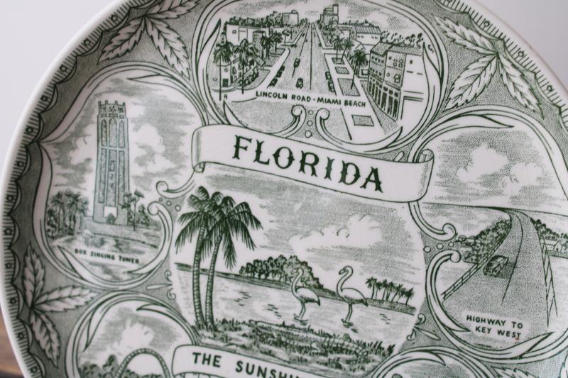 photo of vintage Florida souvenir plate green & white print map, tourist vacation spots #3