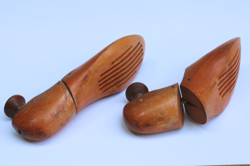 photo of vintage Florsheim shoe trees, pair of wood feet foot shape shoe stretchers #5