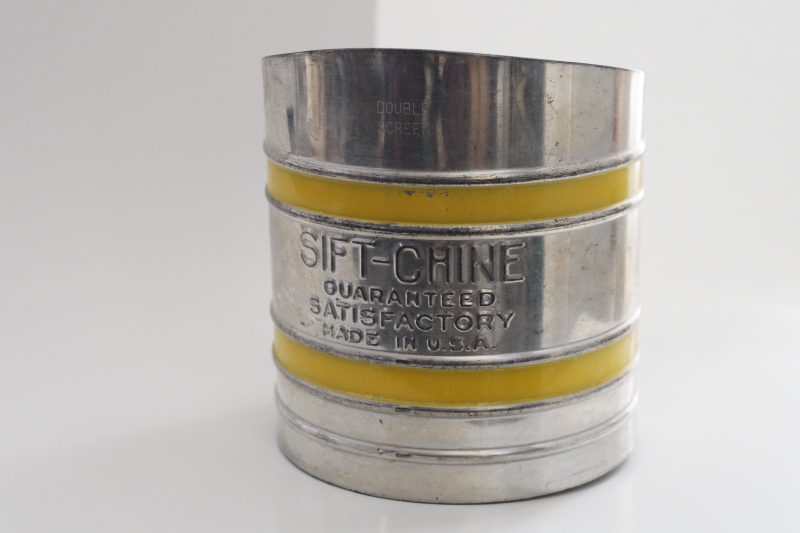 photo of vintage Foley flour sifter w/ yellow band, Sift-Chine Guaranteed Satisfactory #1