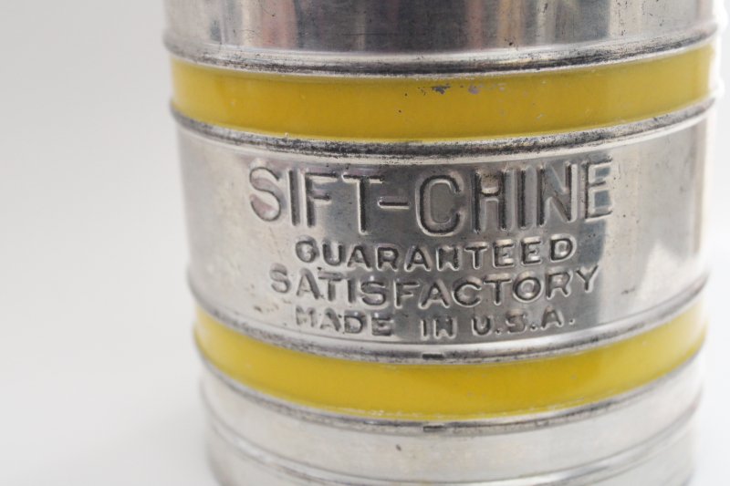 photo of vintage Foley flour sifter w/ yellow band, Sift-Chine Guaranteed Satisfactory #2