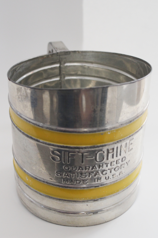 photo of vintage Foley flour sifter w/ yellow band, Sift-Chine Guaranteed Satisfactory #7