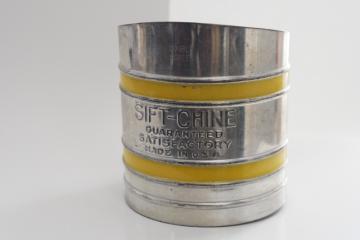 catalog photo of vintage Foley flour sifter w/ yellow band, Sift-Chine Guaranteed Satisfactory