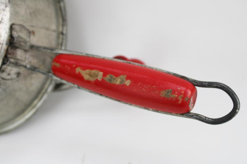 photo of vintage Foley food mill w/ red painted wood handles, hand crank kitchen strainer #5