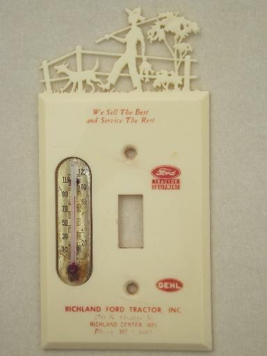 photo of vintage Ford tractor advertising, 50s farm scene plastic frame thermometer #1