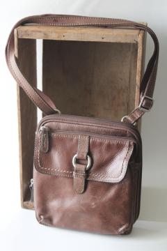 catalog photo of vintage Fossil crossbody bag, brown leather crosstown shoulder bag purse lots of pockets