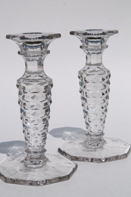 photo of vintage Fostoria American candlesticks, pair of crystal clear glass candle holders #1