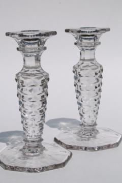 catalog photo of vintage Fostoria American candlesticks, pair of crystal clear glass candle holders