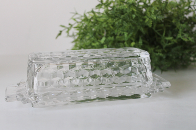 photo of vintage Fostoria American covered butter dish, cube pattern clear glass  #1