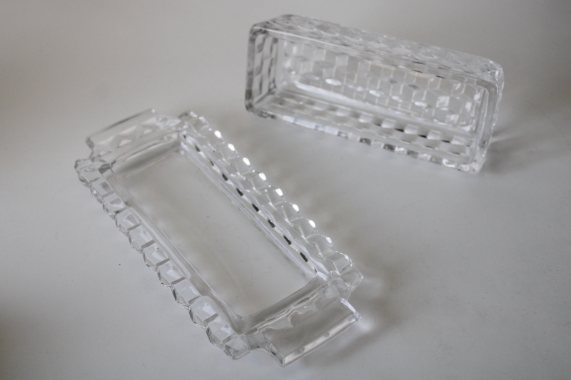 photo of vintage Fostoria American covered butter dish, cube pattern clear glass #2