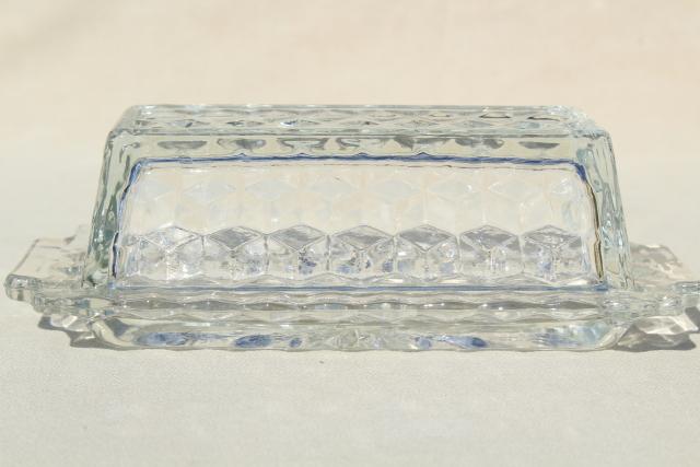 photo of vintage Fostoria American covered butter dish, cube pattern cover & stick butter plate #2