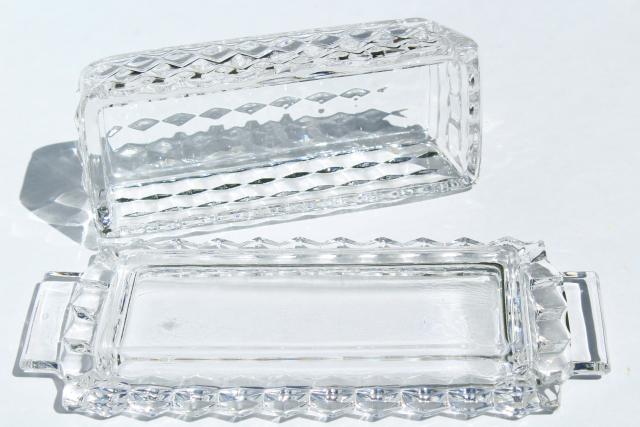 photo of vintage Fostoria American covered butter dish, cube pattern cover & stick butter plate #6