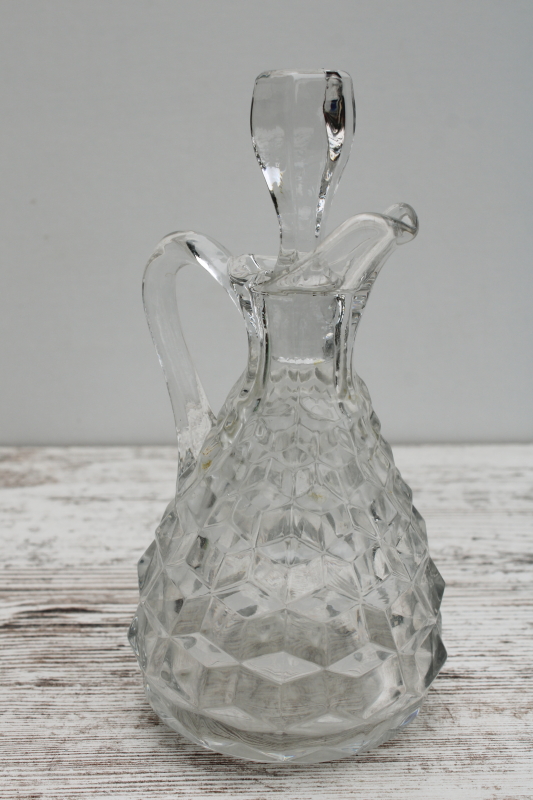 photo of vintage Fostoria American cube pattern cruet, pitcher bottle w/ original stopper  #5