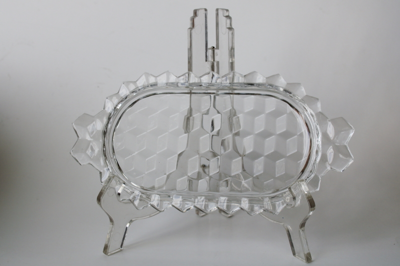 photo of vintage Fostoria American cube pattern glass butter plate, cubist oval tray  #2