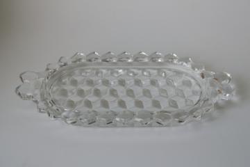 catalog photo of vintage Fostoria American cube pattern glass butter plate, cubist oval tray 