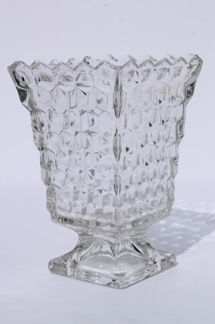 photo of vintage Fostoria American cube pattern glass, square urn shape rose vase #1