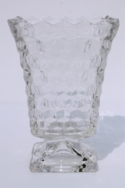 photo of vintage Fostoria American cube pattern glass, square urn shape rose vase #2