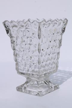 catalog photo of vintage Fostoria American cube pattern glass, square urn shape rose vase